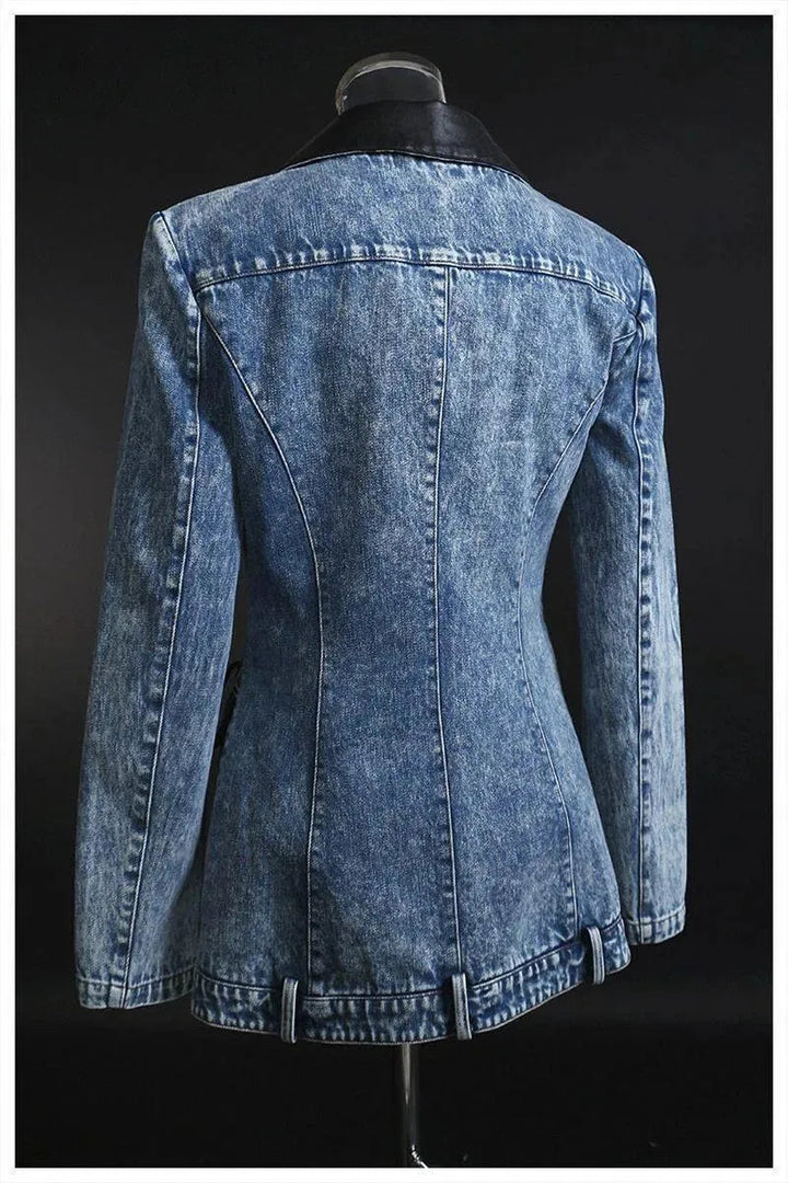 Stilla | Streetwear Læderkrave Denim Blazer Kvinder - Casual - Ensfarvet