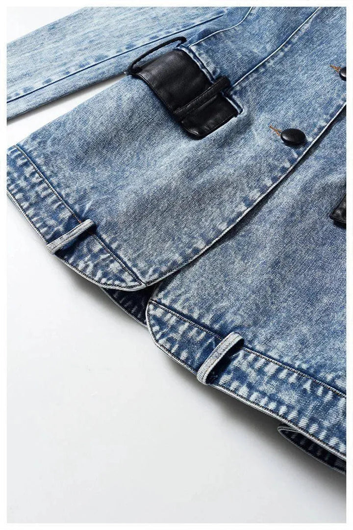 Stilla | Streetwear Læderkrave Denim Blazer Kvinder - Casual - Ensfarvet