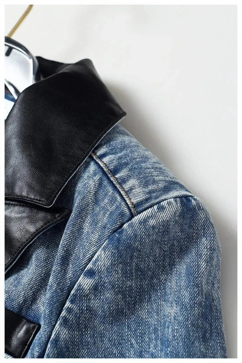 Stilla | Streetwear Læderkrave Denim Blazer Kvinder - Casual - Ensfarvet