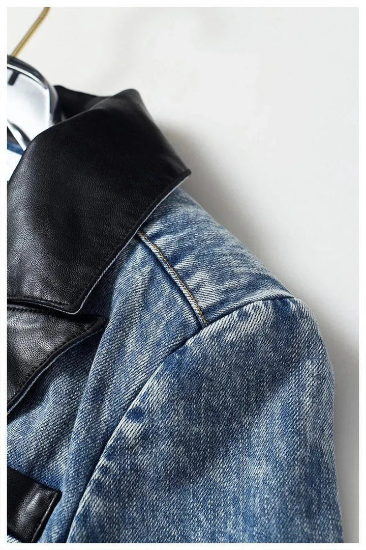 Stilla | Streetwear Læderkrave Denim Blazer Kvinder - Casual - Ensfarvet