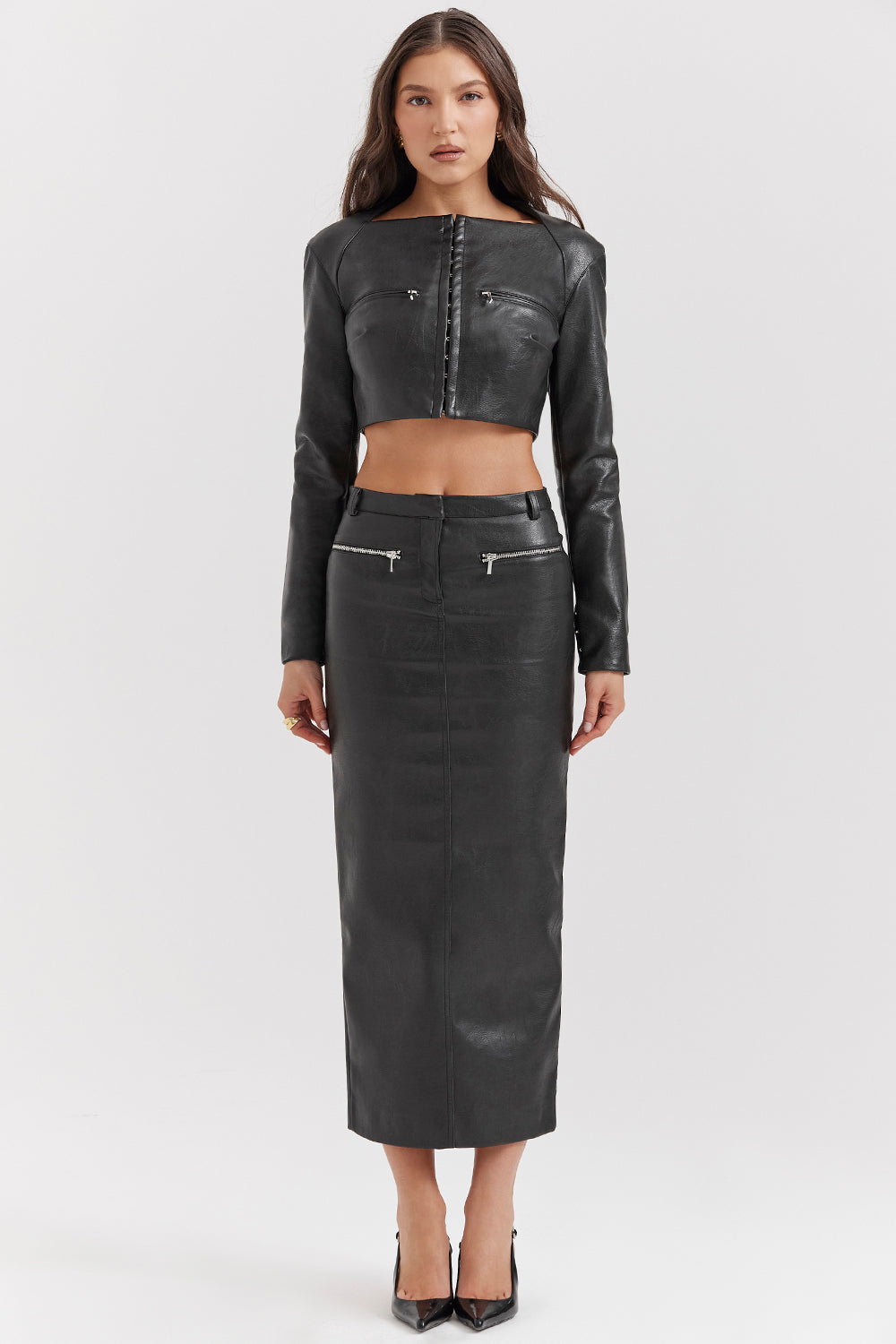Stilla | Cropped Top Vegansk Læder Med Maxi Nederdel