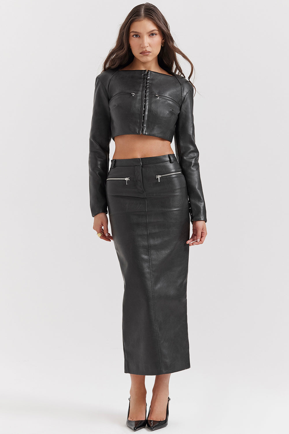 Stilla | Cropped Top Vegansk Læder Med Maxi Nederdel