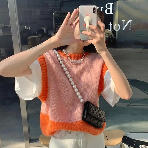 Stilla | Stribet Strikket Vest Orange Og Pink
