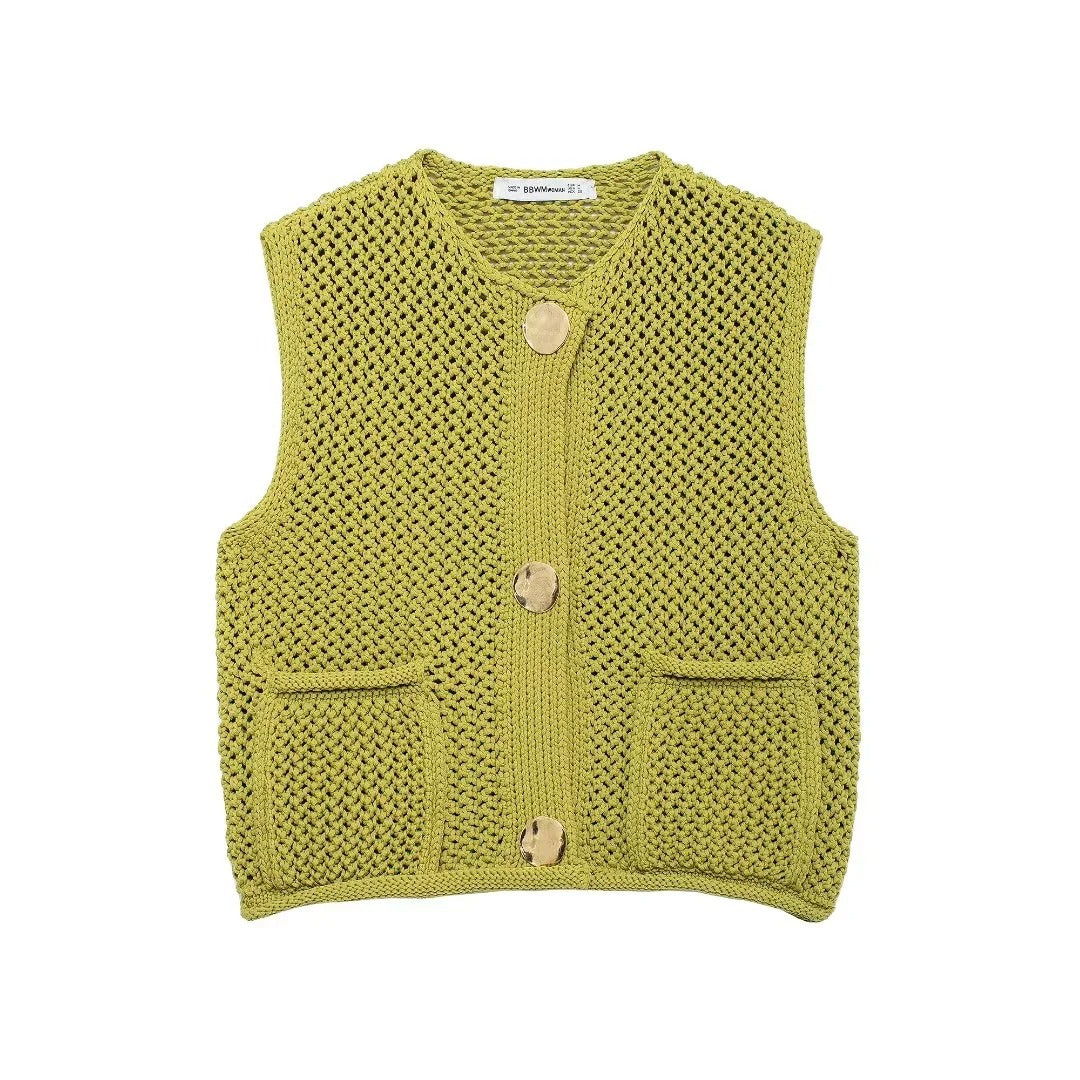 Stilla | Hæklet Strikketrøje Vest Med Patch Knapper
