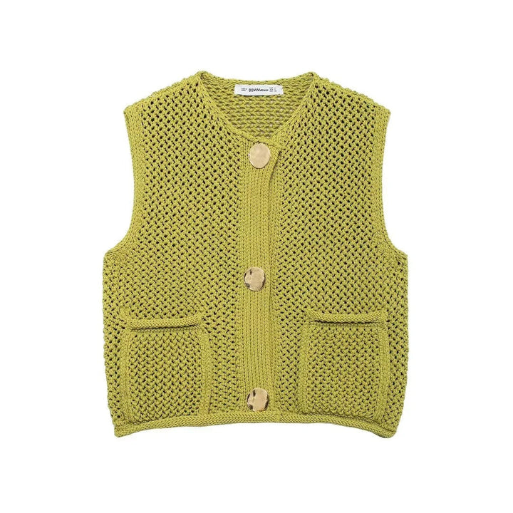 Stilla | Hæklet Strikketrøje Vest Med Patch Knapper