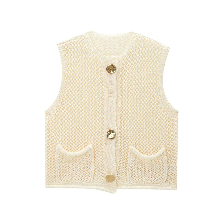 Stilla | Hæklet Strikketrøje Vest Med Patch Knapper