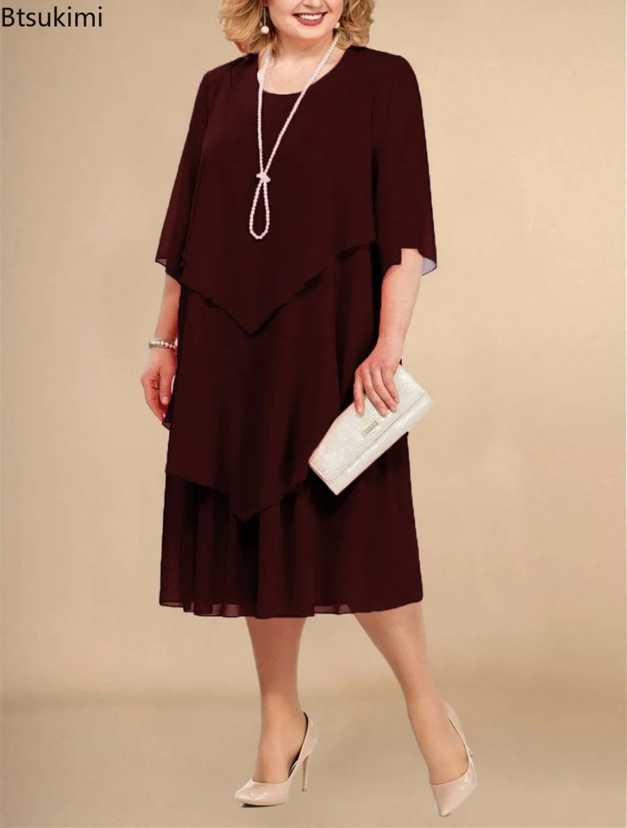 Stilla | Kvindernes Chiffon Lagdelte 3 5xl Mode Designer Midi Kjoler (plus Størrelse)