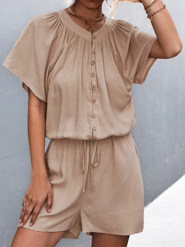 Stilla | Kvinders Jumpsuits Solid Knap Plisseret Snørebånd Jumpsuit