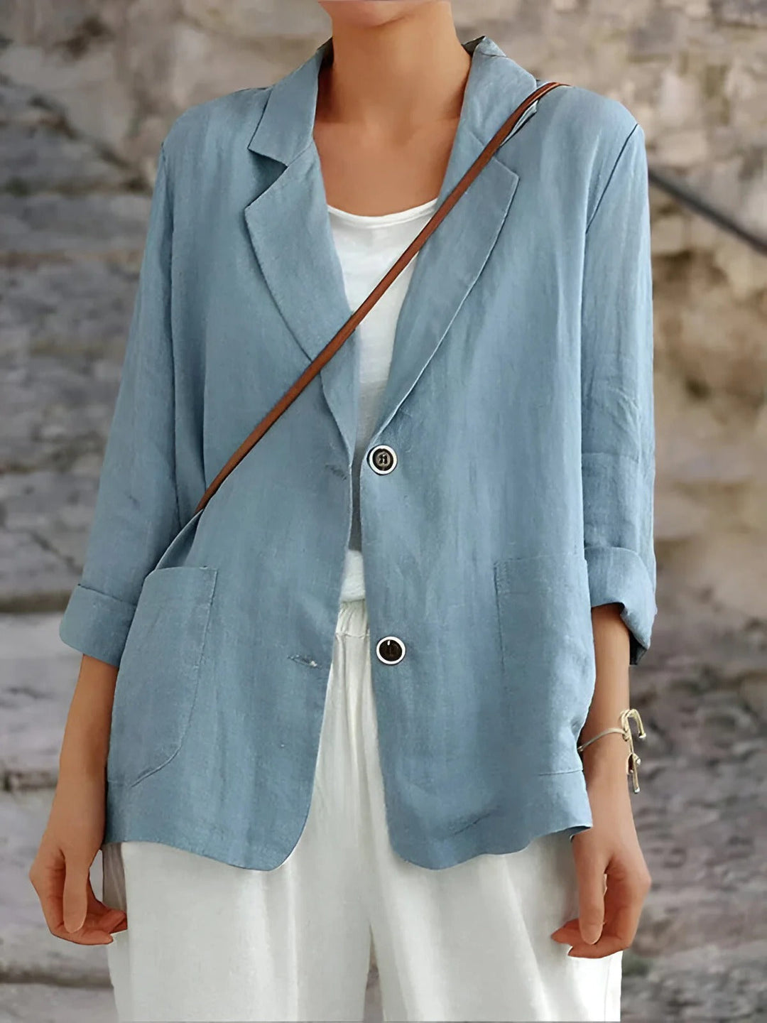 Stilla | Blazer Relaxed Fit Naturfibre 3/4 Ærmer Patches Lommer Mellemlang