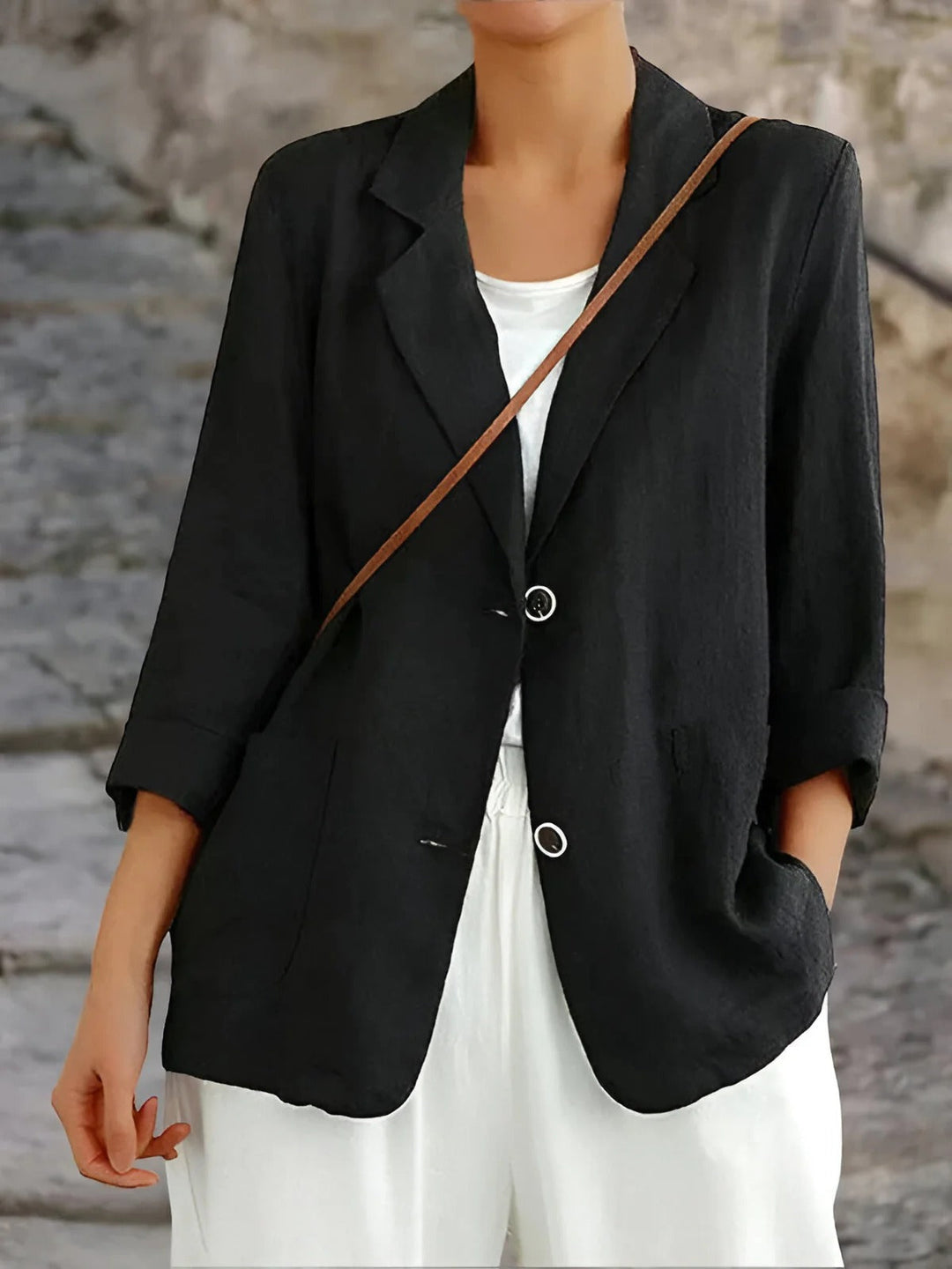 Stilla | Blazer Relaxed Fit Naturfibre 3/4 Ærmer Patches Lommer Mellemlang