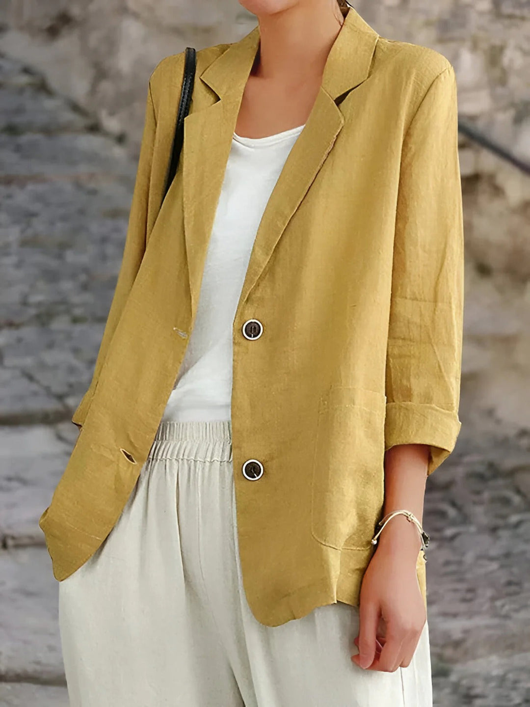 Stilla | Blazer Relaxed Fit Naturfibre 3/4 Ærmer Patches Lommer Mellemlang