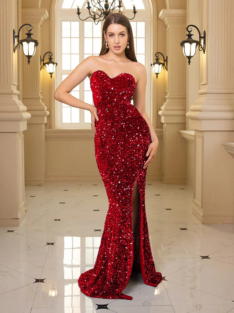 Stilla | Kvinders Off Shoulder Højt Splits Sequin Mode Designer Kjoler (lang)