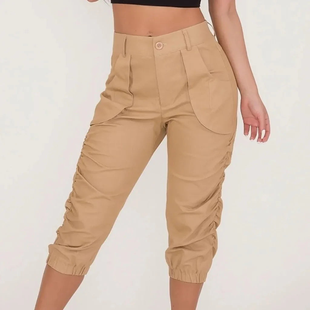 Stilla | Kvinders Afslappet Pasform Ruched 3/4 Fashion Designer Cargo Høj Talje Bukser