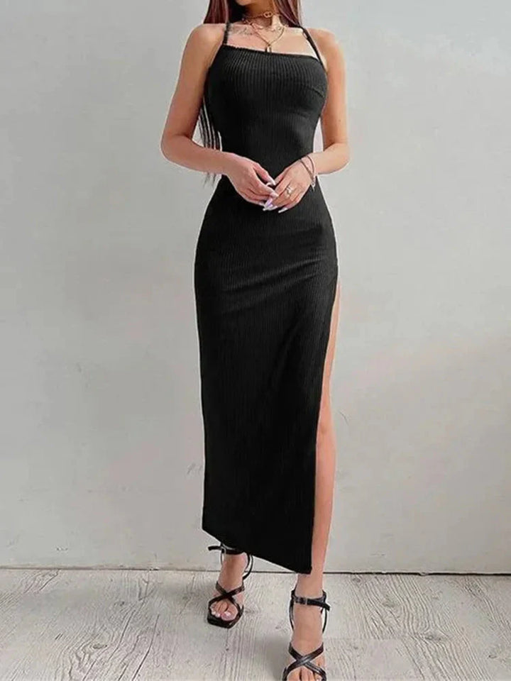 Stilla | Kvindernes Ribbede Bodycon Mode Designer Høj Split Kjoler (lang)