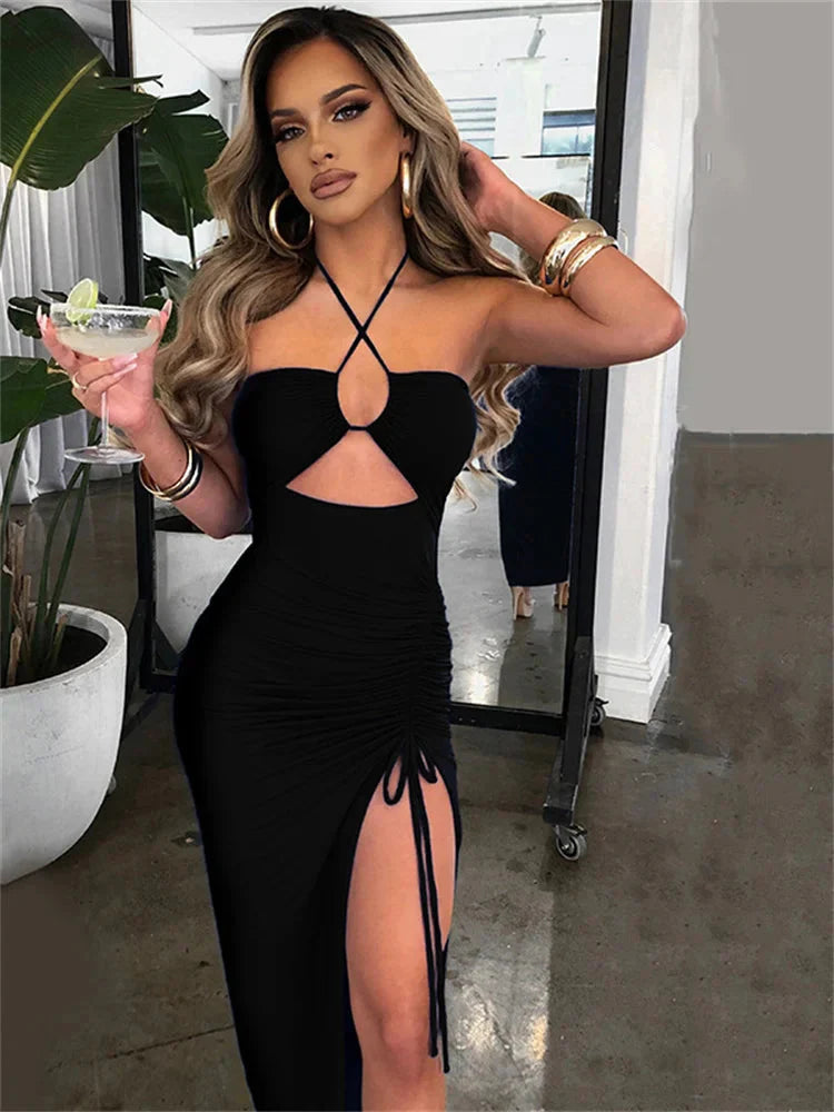Stilla | Kvinders Rynket Snore Halter Hals Mode Designer Kjoler (midi)