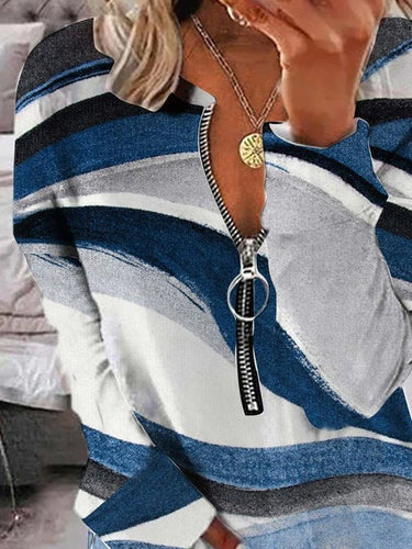 Stilla | Dame T-shirts Afslappet Printet V-hals Lynlås Langærmet T-shirt