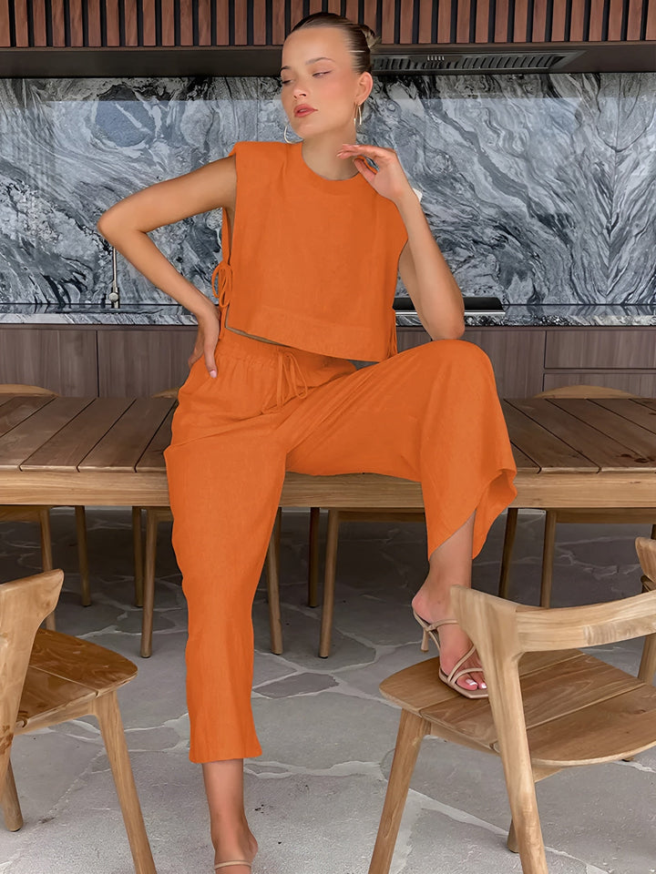 Stilla | Elegant To delt Sommer Linned Outfit til Damer (kort top + bukser)
